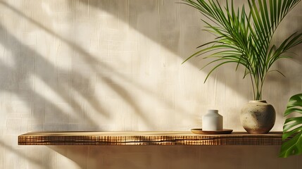 A closeup of an empty wooden shelf on the right, with a plant leaf visible in the background against a light beige wall.