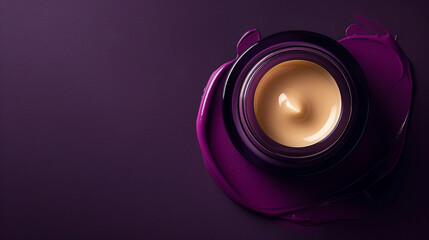 A luxurious blank cosmetic cream jar on a dark purple background with empty space on the left for...