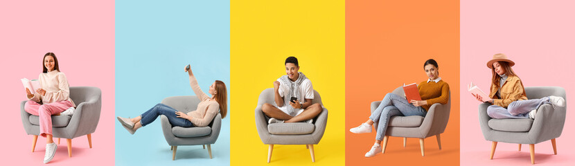 Collage of young people sitting in comfortable armchairs on color background