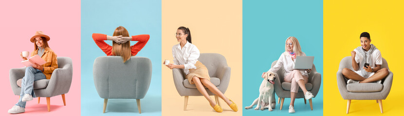 Collage of people sitting in comfortable armchairs on color background