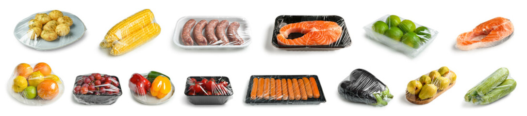 Set of fresh food in plastic wrap on white background