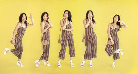 Collection full body portrait of cheerful pretty Asian woman have good mood isolated on yellow color background