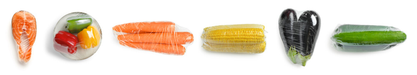 Collage of fresh food in plastic wrap on white background