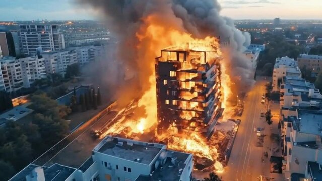 fire in a residential building, view from a drone
