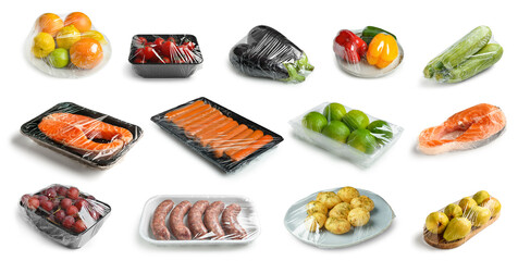Collection of fresh food in plastic wrap on white background