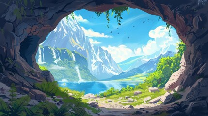 A rock cave illustration near a beautiful summer landscape featuring a lake, a stone grotto with a hole, and a mountain backdrop. Water flows from the hole in the wall of the cavern into the lake.