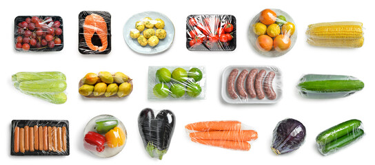 Group of fresh food in plastic wrap on white background