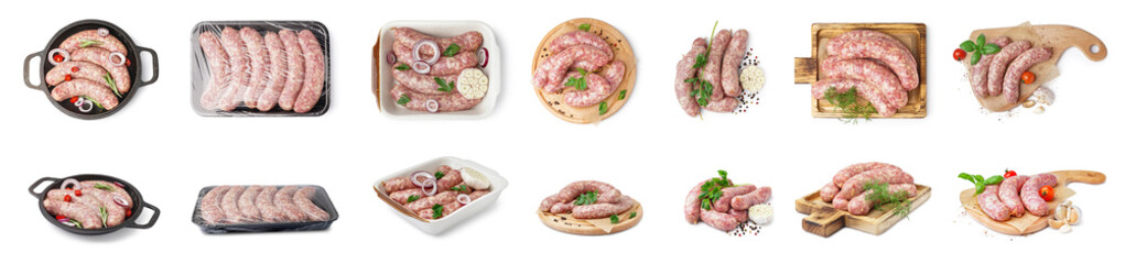 Collage of raw sausages on white background