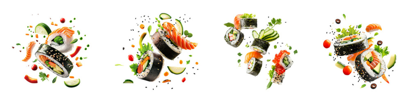 Set of Flying sushi with piece, vegies, salmon isolated on transparent background