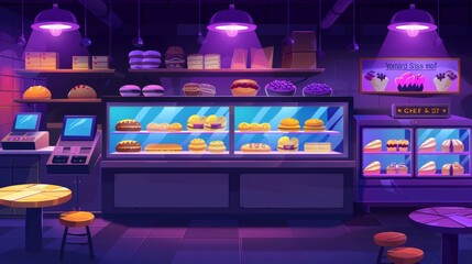 This modern illustration depicts a bakery shop interior with bread and sweet pastries in showcases at night. There is a cash register, tables and chairs, desserts and buns as well.