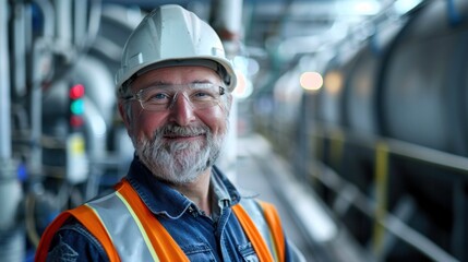 Smiling middle aged engineer wearing hard hat and safety vest, ensuring a safe working environment in a factory