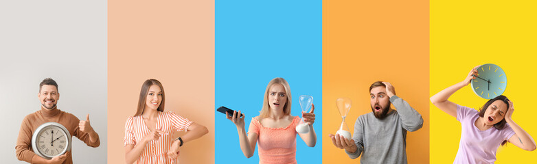 Collage of emotional people with clocks and wristwatch on color background. Concept of deadline
