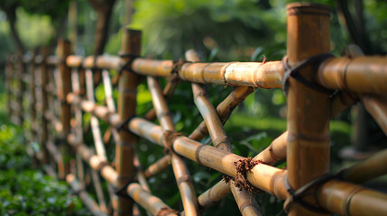 bamboo fence, with slender bamboo poles arranged in a lattice pattern and tied together with...