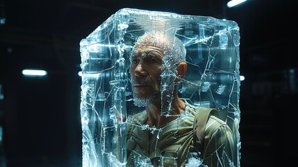Senior man frozen in an ice block.