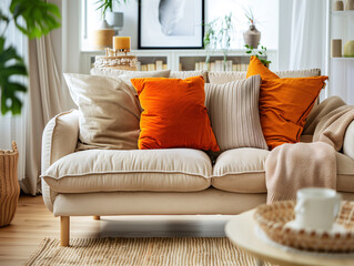 The focal point of this home interior is a cozy sofa with light fabric and plush cushions, An orange pillow adds a vibrant pop to the decor.