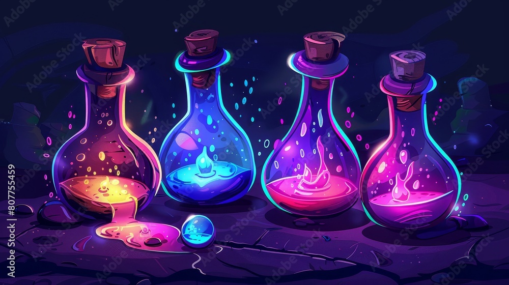 Aufkleber the fall of a glass tube of colored potions spilled on the ground. overturned elixir bottles contain