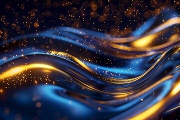 Obraz premium Metallic 3D image of glowing golden comet barrage flowing with glowing sapphire blue accent 