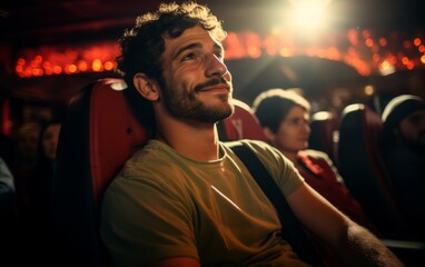 A man is sitting in a movie theater with a smile on his face. He is surrounded by other people who are also watching the movie. The atmosphere is relaxed and enjoyable