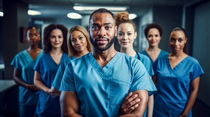 Fototapeta premium Confident Medical Team Leader with Diverse Group of Healthcare Professionals