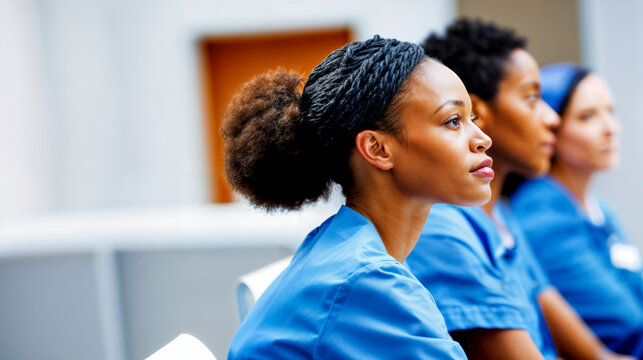 Focused african american nurse in training at medical conference