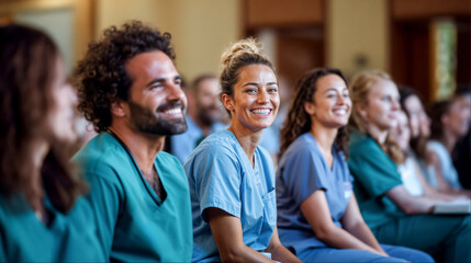 Smiling medical professionals attending a seminar in hospital