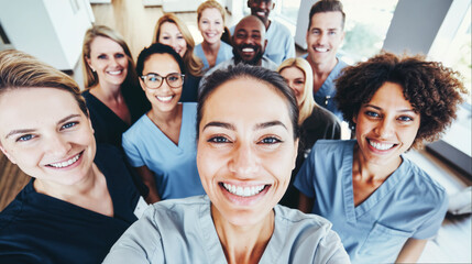 Fototapeta premium Happy diverse medical team taking a group selfie in hospital