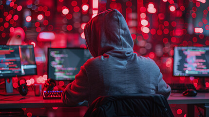 Be aware of hacker attack, anonymous hacker, an enigmatic individual behind a computer screen, conducting cyber activities, cybersecurity concept, red bokeh background
