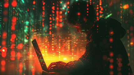 Be aware of hacker attack, anonymous hacker, an enigmatic individual behind a computer screen, conducting cyber activities, cybersecurity concept, orange bokeh background