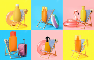 Collage of beach chair with bottles of sunscreen and accessories on color background