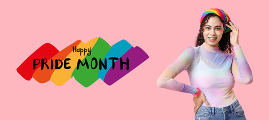 Young African-American woman with rainbow headscarf on pink background. LGBT concept