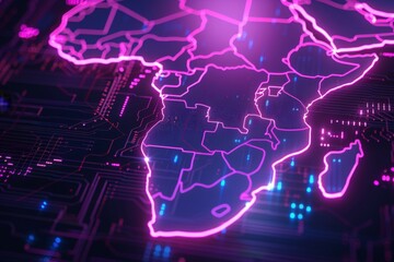 Obraz premium Neon 3D image of Africa map visual lines neon lights digital mobile communication technology data training