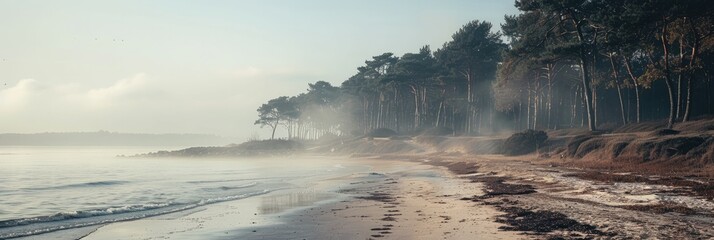 Sandy Beach Serenity, Morning Light, Pine Trees, Foggy Mood by the Sea