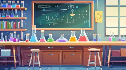 A cartoon diagram of a school chemistry classroom interior with laboratory equipment, supplies, and tools - chalkboard, desk, glassware, and furniture for educational experiments.