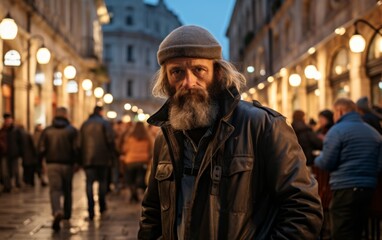 Fototapeta premium A man with a beard and a hat stands in a busy street. He is wearing a black jacket and a black hat. The street is crowded with people, and there are several street lights illuminating the scene