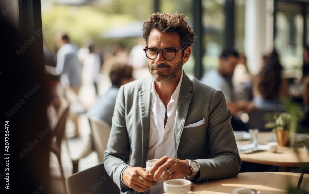 Aufkleber a man in a suit is sitting at a table with a cup in front of him. he is looking at the camera with a