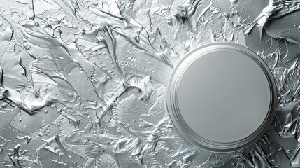 A premium blank cosmetic cream on a metallic silver background with empty space on the right side...