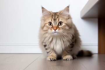 Medium shot portrait photography of a curious siberian cat crouching over minimalist or empty room background