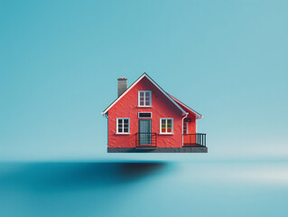 A straight on composition of a house floating an angle over vertical solid blue colored backdrop, 3d octane render, regular house, medium hard shadow cast on backdrop