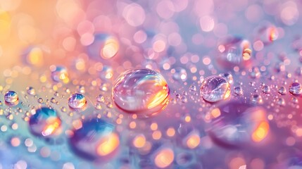 Naklejka premium A closeup of water droplets floating on the surface, creating an abstract and colorful background with pastel colors. The droplet shapes include circles and dots. 