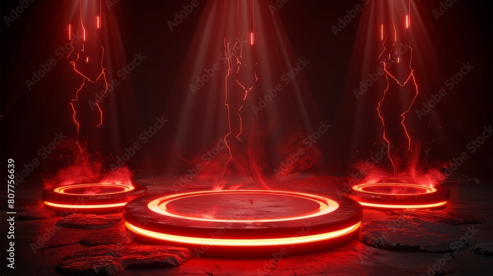 Poster an authentic modern illustration set of a red neon game portal with lighting and glow effect. a magi