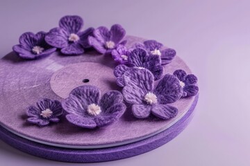 Studio shot photo of a purple felt record sleeve made of knitted flowers