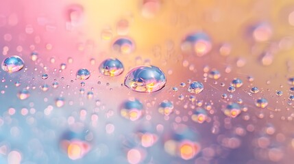 A closeup of water droplets floating on the surface, creating an abstract and colorful background with pastel colors. The droplet shapes include circles and dots. 