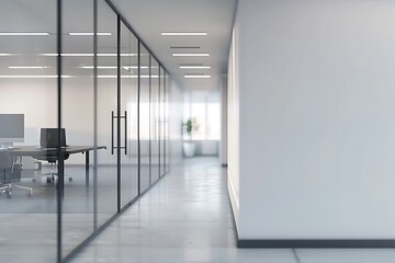 Fototapeta premium Modern office corridor or hallway interior with empty space over the white wall and the meeting room
