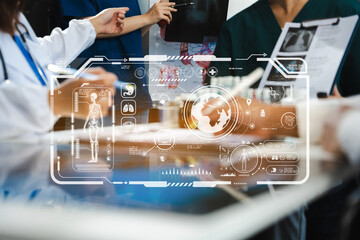 Doctor team, analysis the blood test examination results and medication usage of the patient on the chart, medical check-up concept.