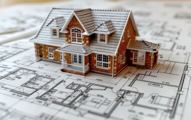 A house is drawn on top of a blueprint. The house is a small, white brick house with a slanted roof. The house is surrounded by windows and has a porch