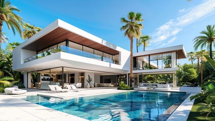 Modern luxury villa with swimming pool and palm trees, sunny day.