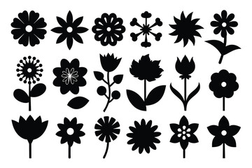 Set of Flowers black Silhouette Design with white Background and Vector Illustration