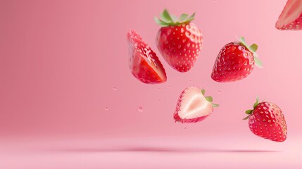 levitating Strawberries cutted pieces, separated, pastel color background, professional studio photography, hyperrealistic, minimalism, negative space, high detailed, sharp focus