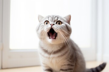 Environmental portrait photography of a smiling scottish fold cat yawning while standing against minimalist or empty room background