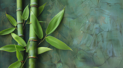single bamboo stalk, with its segmented structure and vibrant green leaves captured in crisp...